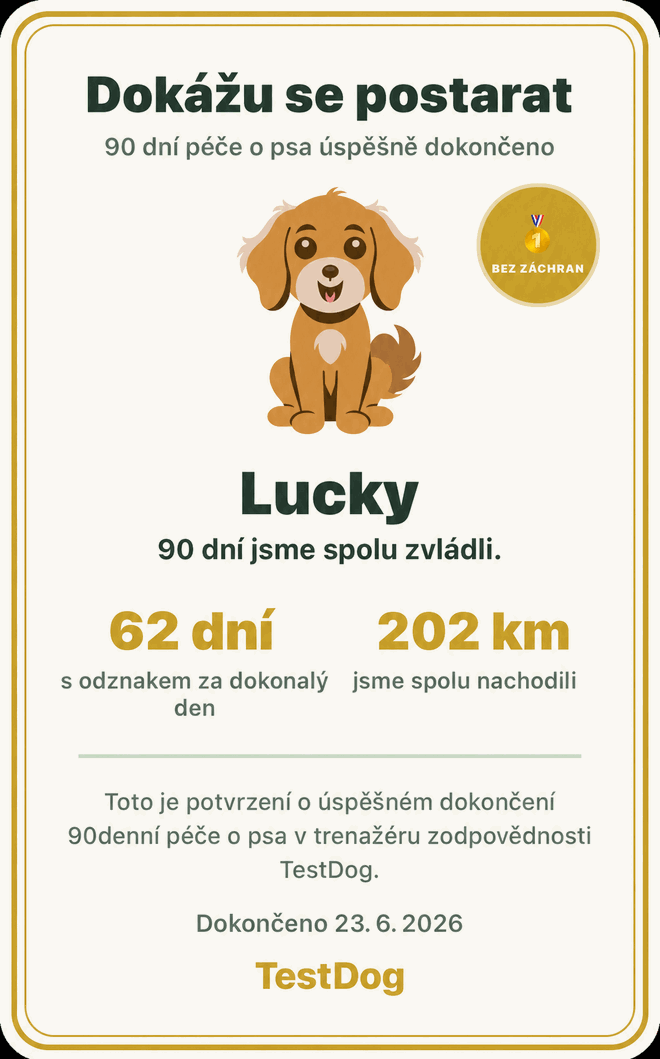 Ukázka certifikátu „Dokážu se postarat“ z aplikace TestDog