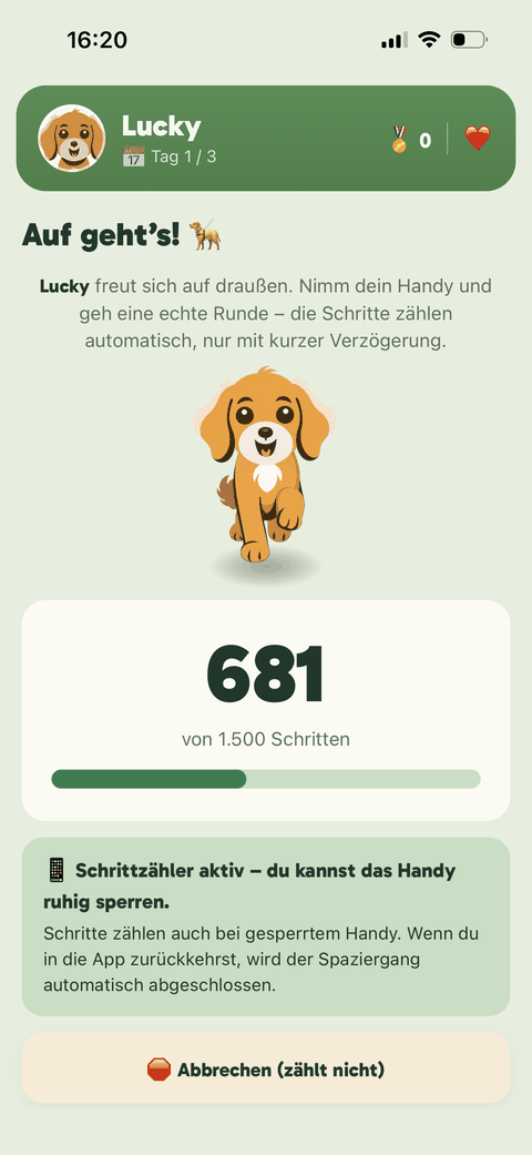 TestDog Spaziergangsbildschirm — echte Schritte vom Schrittzähler