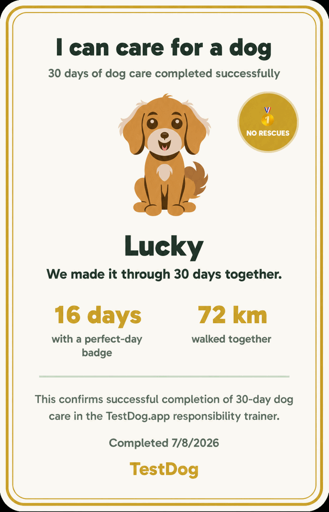 Sample “I can care for a dog” certificate from the TestDog app
