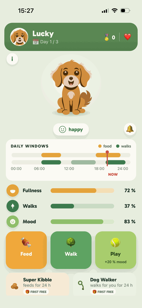 TestDog main game screen — fullness, mood and daily windows