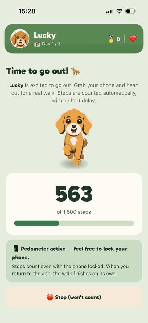 TestDog walk screen — counting real steps from the pedometer