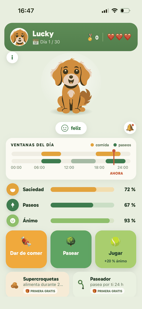 Pantalla principal de TestDog: saciedad, ánimo y ventanas del día