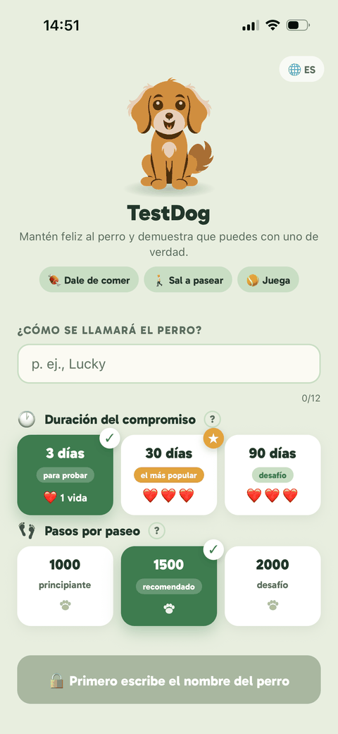 Pantalla de configuración de TestDog: nombre del perro, duración del reto y objetivo de pasos
