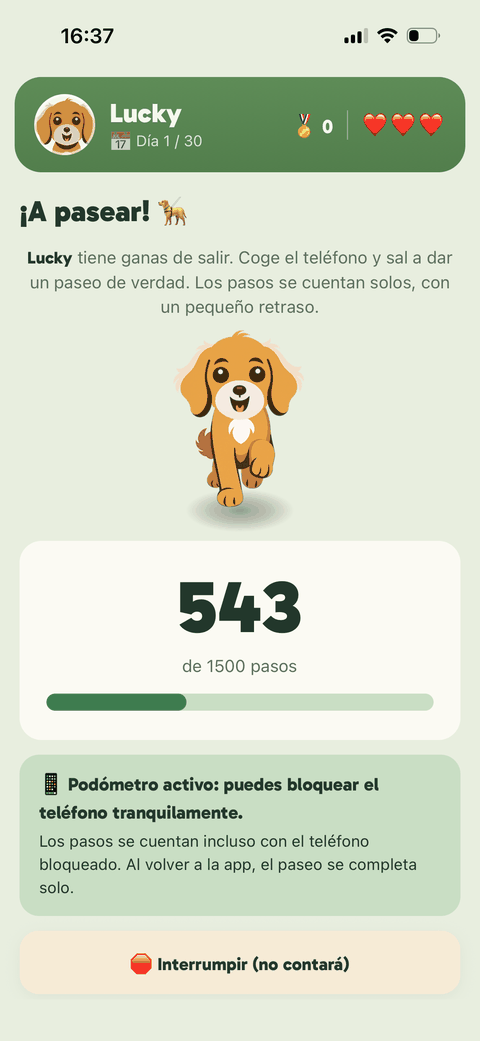 Pantalla de paseo de TestDog: contando pasos reales del podómetro