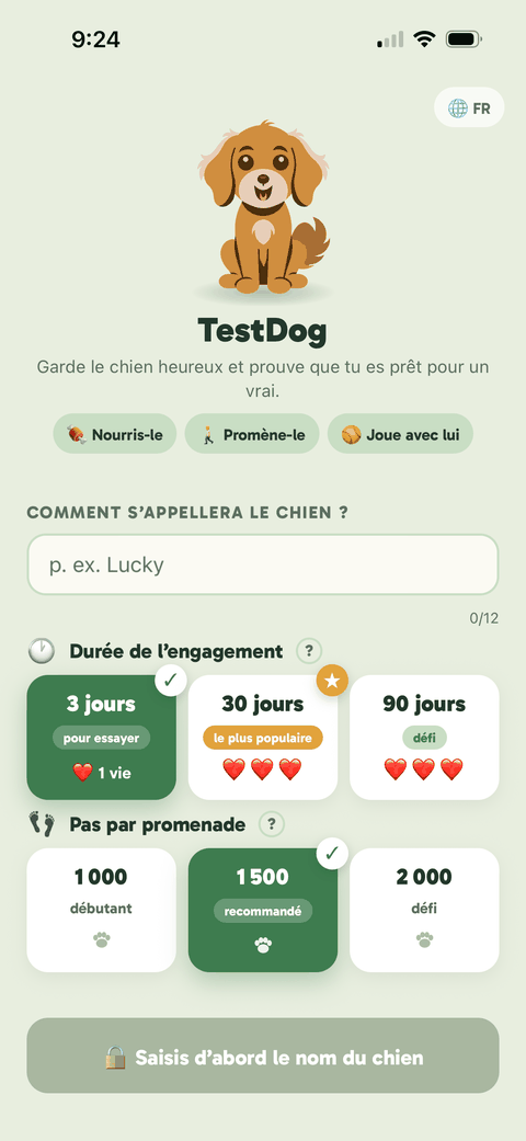 Écran de configuration de TestDog : nom du chien, durée du défi et objectif de pas