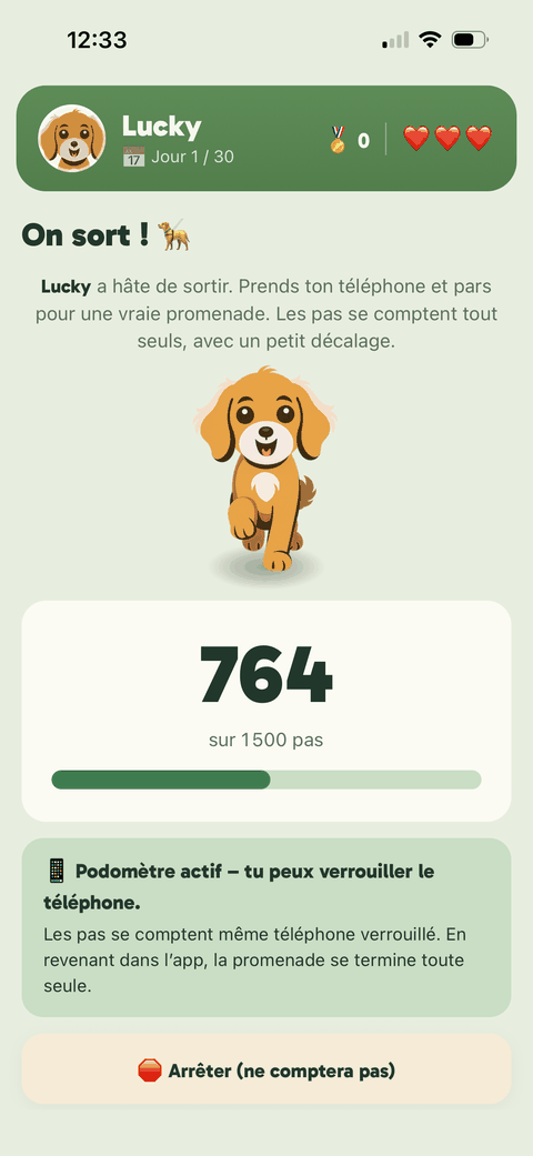 Écran de promenade de TestDog : comptage des vrais pas au podomètre