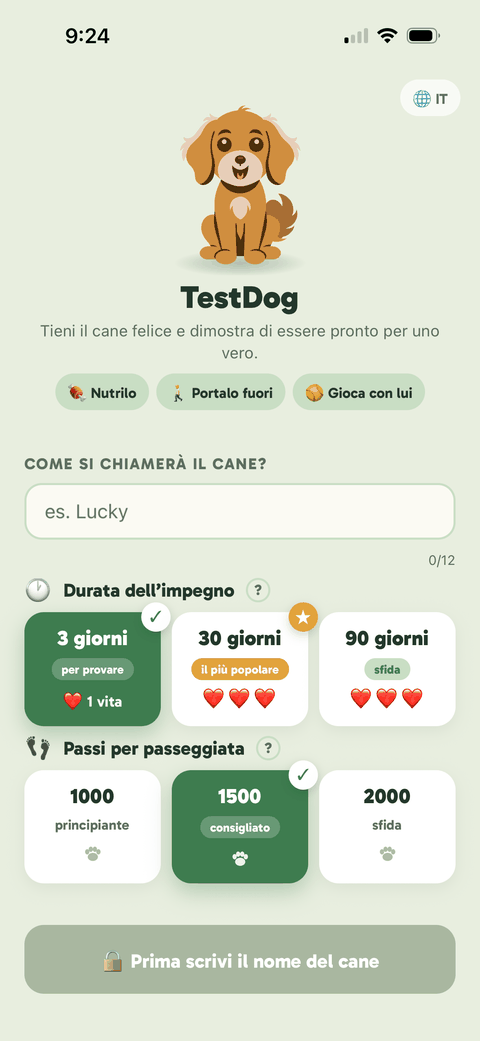 Schermata di configurazione di TestDog: nome del cane, durata della sfida e obiettivo di passi
