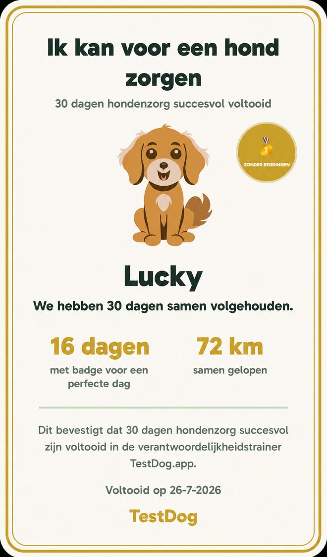 Voorbeeld van het certificaat “Ik kan voor een hond zorgen” uit de TestDog-app
