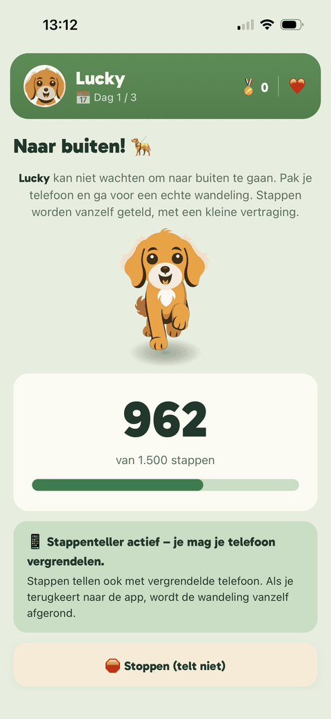 Wandelscherm van TestDog: echte stappen tellen met de stappenteller