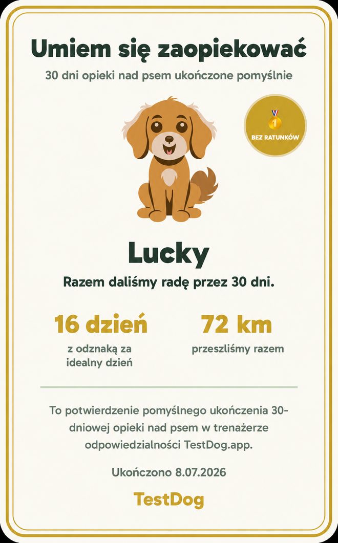 Przykładowy certyfikat „Umiem zadbać o psa” z aplikacji TestDog