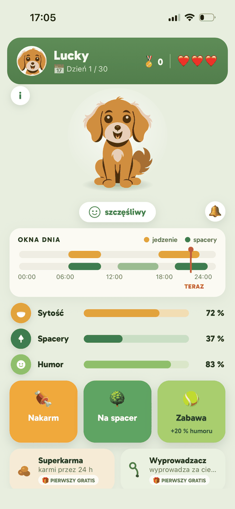 Główny ekran gry TestDog — najedzenie, nastrój i okna dnia