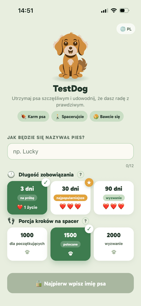 Ekran konfiguracji TestDog — imię psa, długość wyzwania i cel kroków