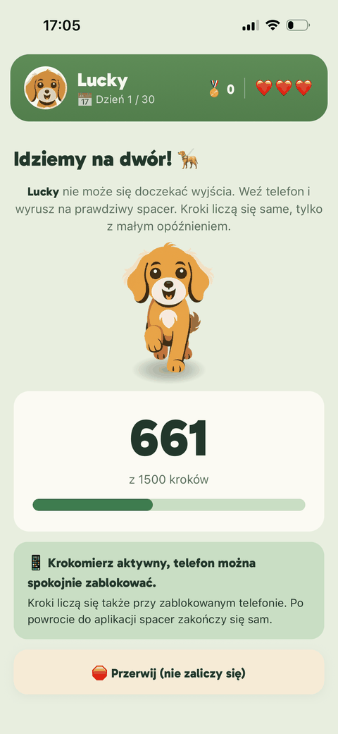 Ekran spaceru TestDog — liczenie prawdziwych kroków z krokomierza