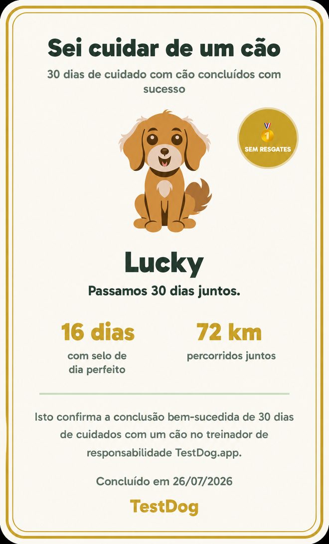 Exemplo do certificado “Eu sei cuidar de um cão” do aplicativo TestDog
