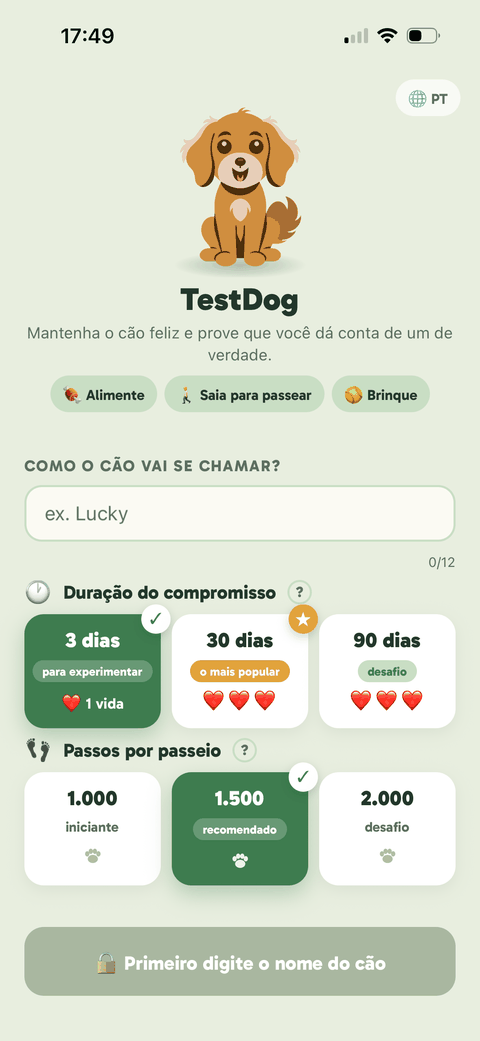 Tela de configuração do TestDog: nome do cão, duração do desafio e meta de passos