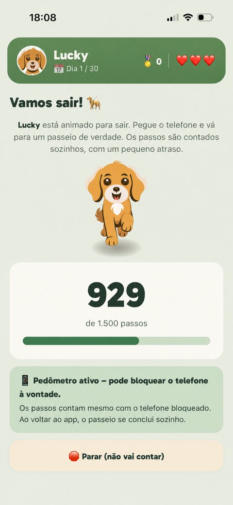 Tela de passeio do TestDog: contando passos reais pelo pedômetro