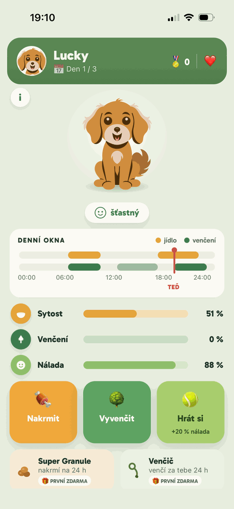 Hlavní herní obrazovka TestDog – sytost, nálada a denní okna
