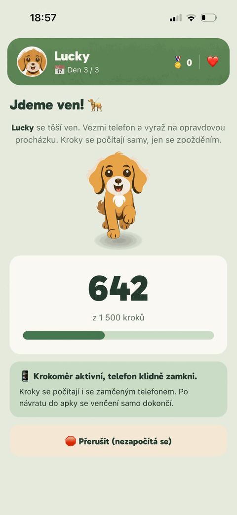 Obrazovka venčení v TestDog – počítání skutečných kroků z krokoměru