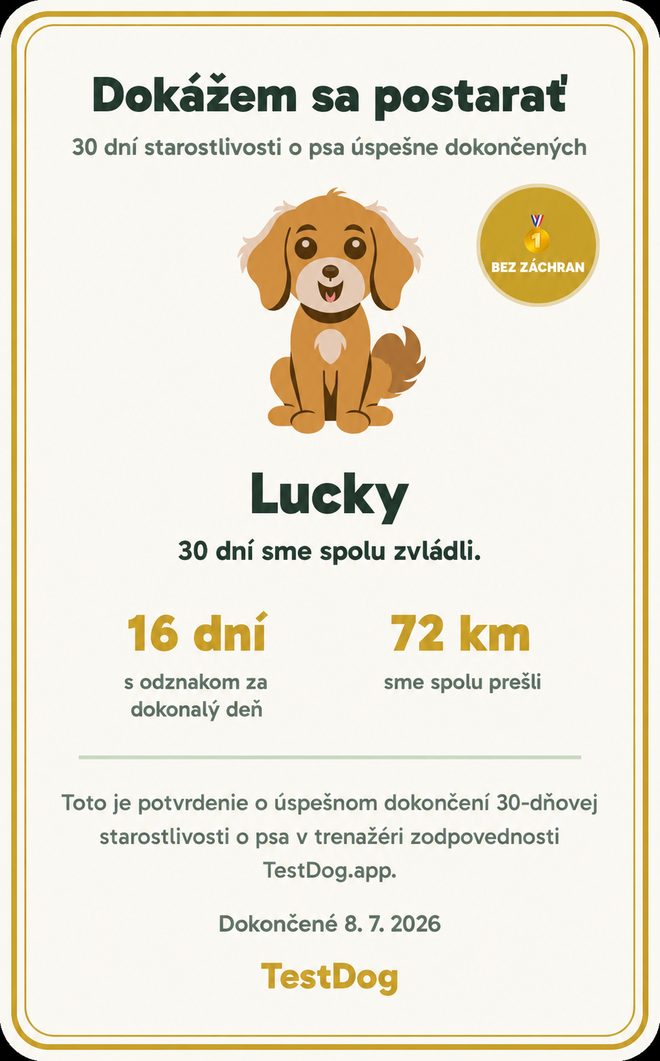 Ukážkový certifikát „Viem sa postarať o psa“ z appky TestDog