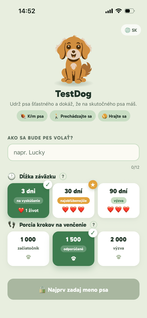 Obrazovka nastavenia TestDog — meno psa, dĺžka výzvy a cieľ krokov