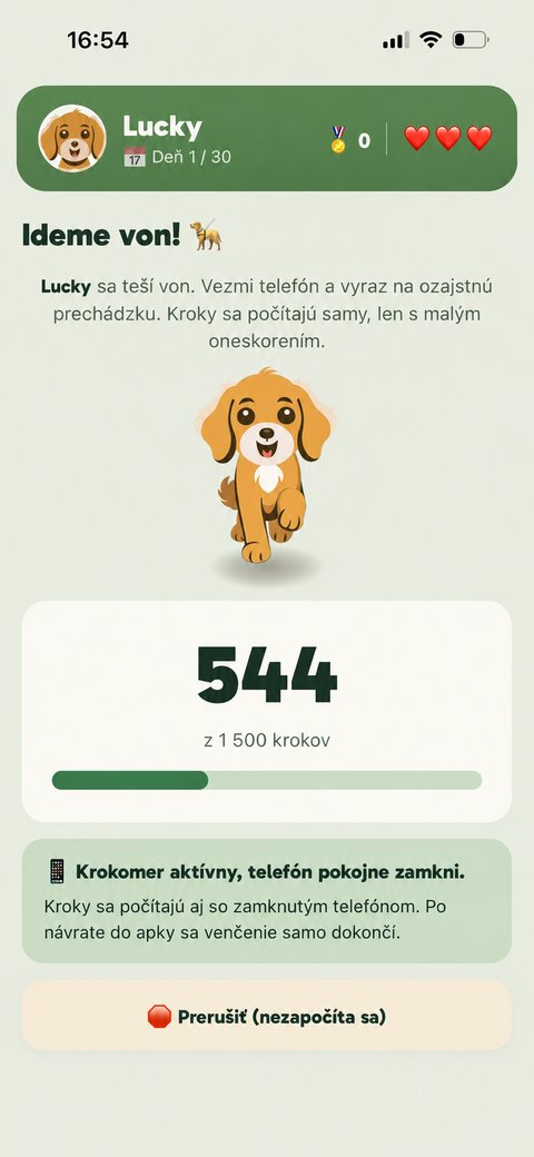 Obrazovka prechádzky TestDog — počítanie skutočných krokov z krokomera