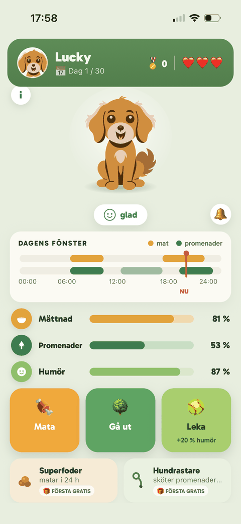 TestDogs huvudskärm: mättnad, humör och dagens fönster