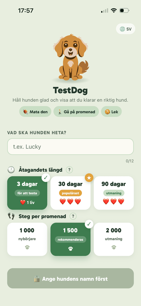 TestDogs inställningsskärm: hundens namn, utmaningens längd och stegmål